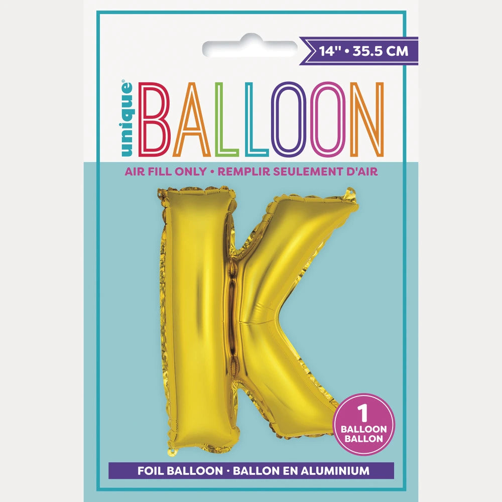 Gold Letter K Shaped Foil Balloon 14", Packaged
