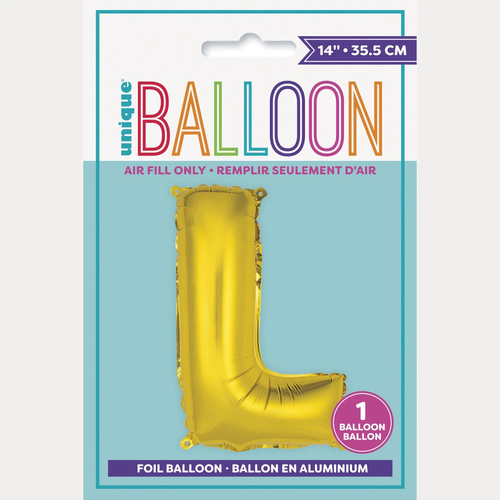 Gold Letter L Shaped Foil Balloon 14", Packaged