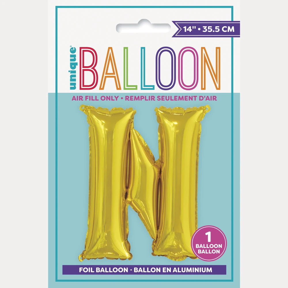 Gold Letter N Shaped Foil Balloon 14", Packaged