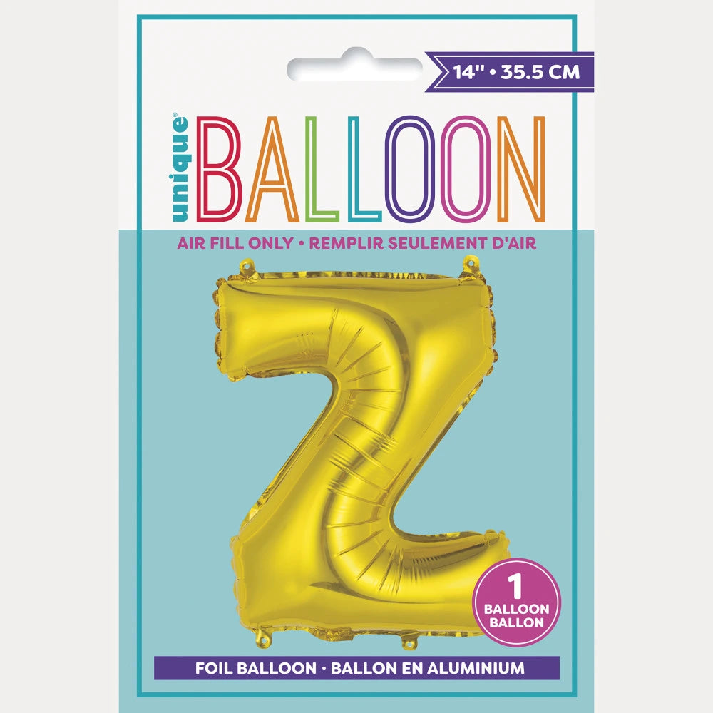 Gold Letter Z Shaped Foil Balloon 14", Packaged