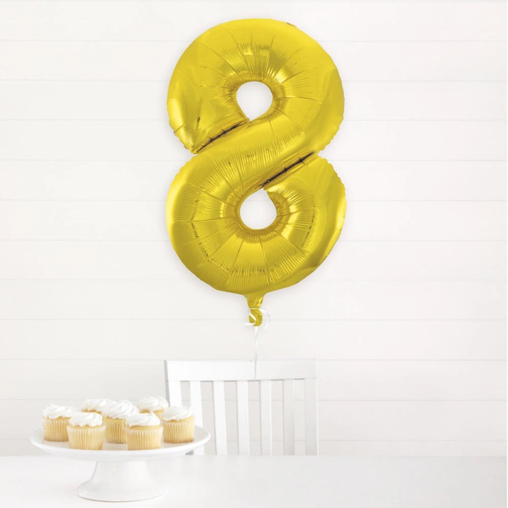 Gold Number 8 Shaped Foil Balloon 34", Packaged
