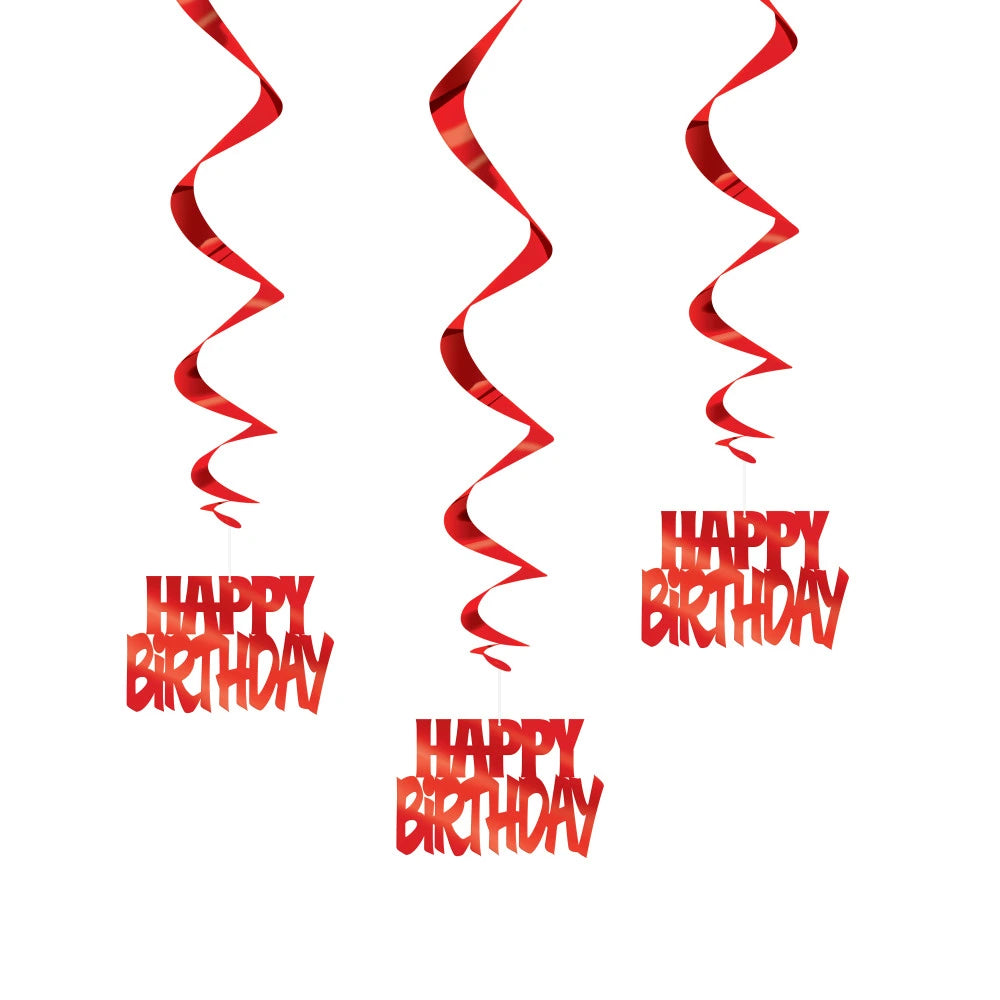 Happy Birthday Red Foil Hanging Swirl Decorations, 32", 3 In A Pack