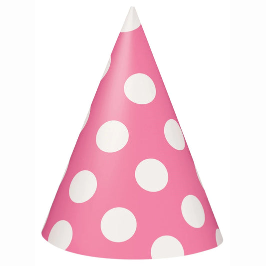 Hot Pink Dots Party Hats, 8 In A Pack