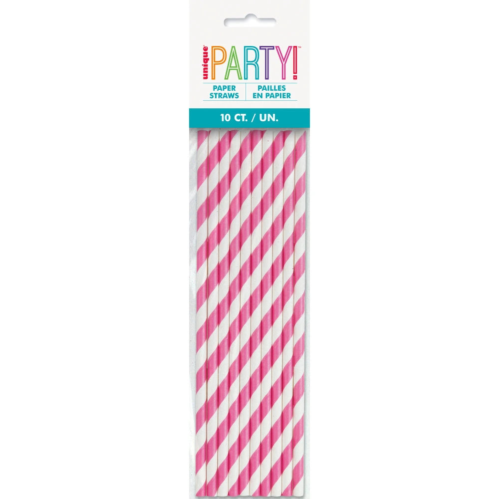 Hot Pink Striped Paper Straws, 10 In A Pack