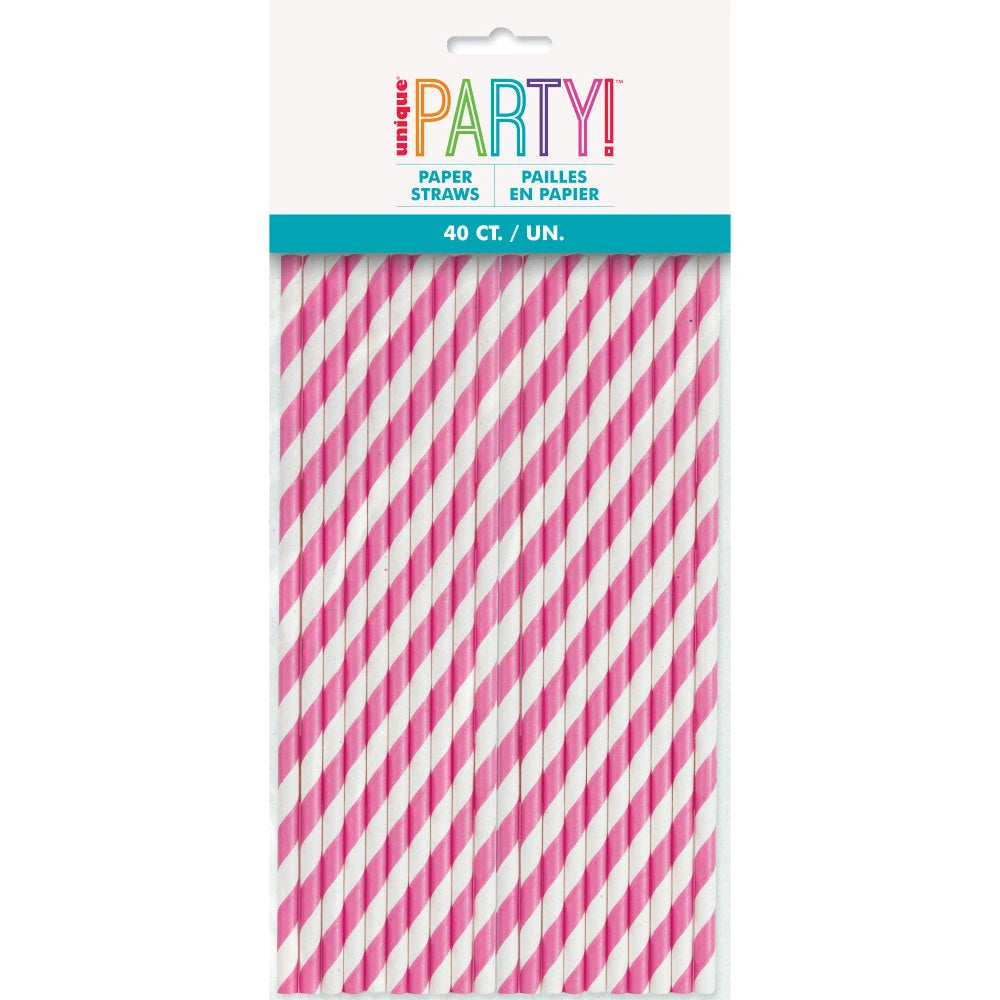 Hot Pink Striped Paper Straws, 40 In A Pack