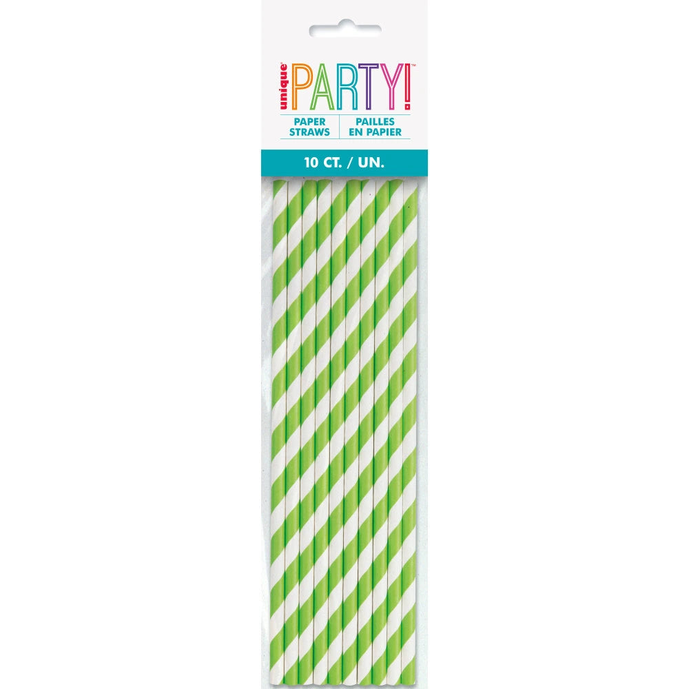 Lime Green Striped Paper Straws, 10 In A Pack