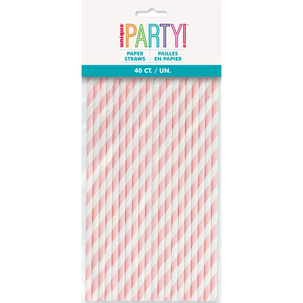 Lovely Pink Striped Paper Straws, 40 In A Pack