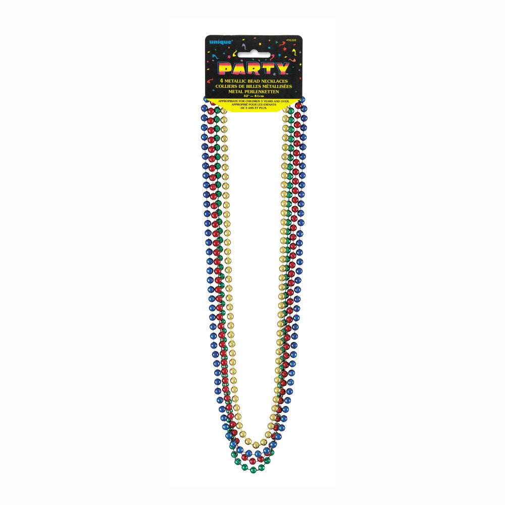 Metallic Bead Necklaces - Assorted Colors 32", 4 In A Pack