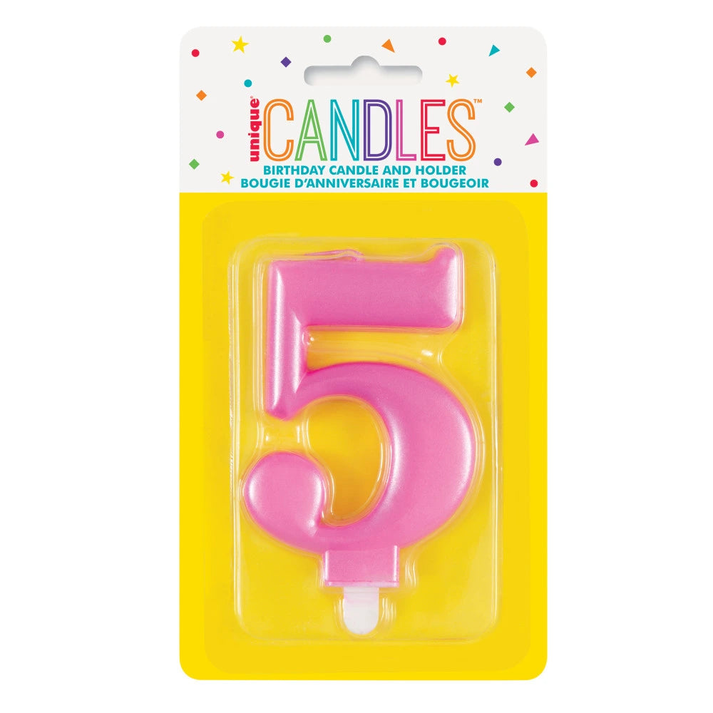 Metallic Pink Number 5 Birthday Candle