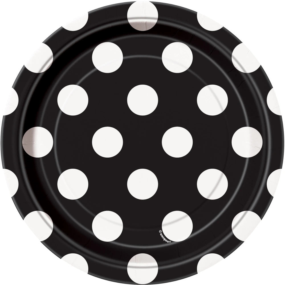 Midnight Black Dots Round 7" Dessert Plates, 8 In A Pack