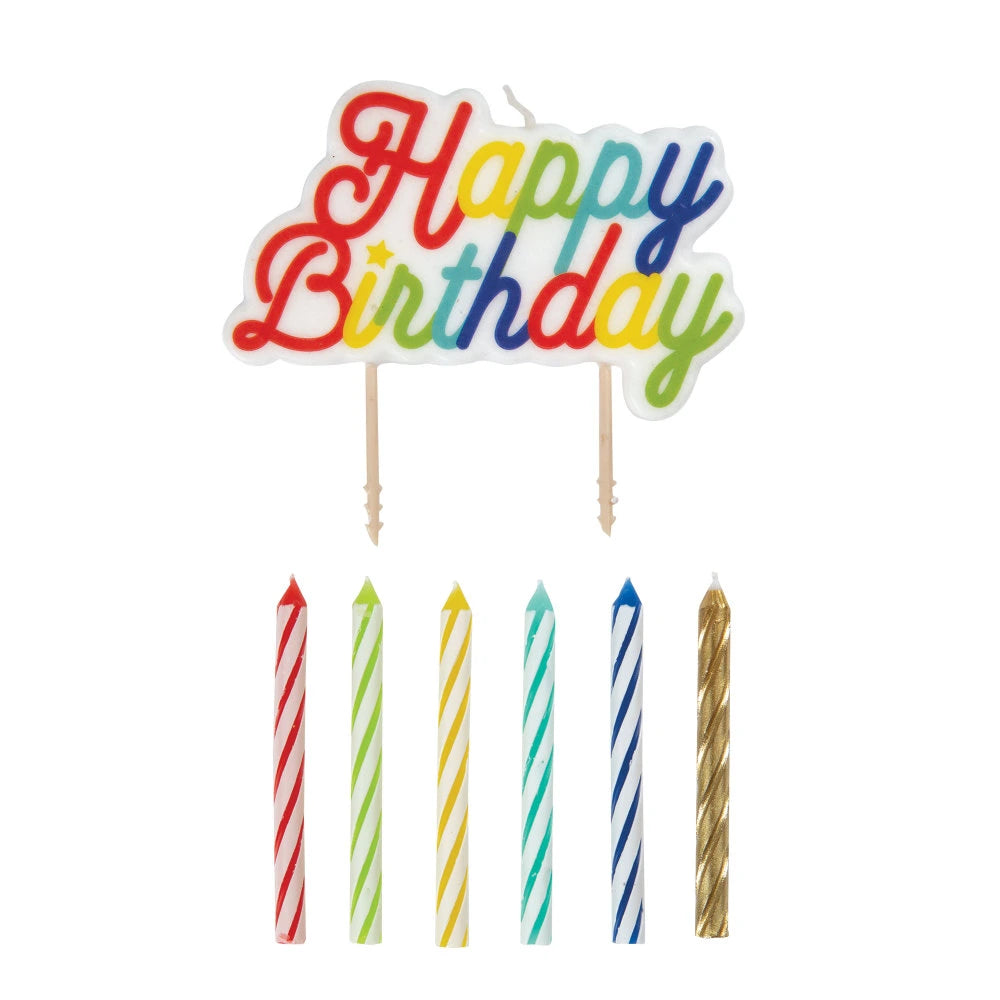 Multi Colored Birthday Candles and Large "Happy Birthday" Pick Candle, 12 In A Pack