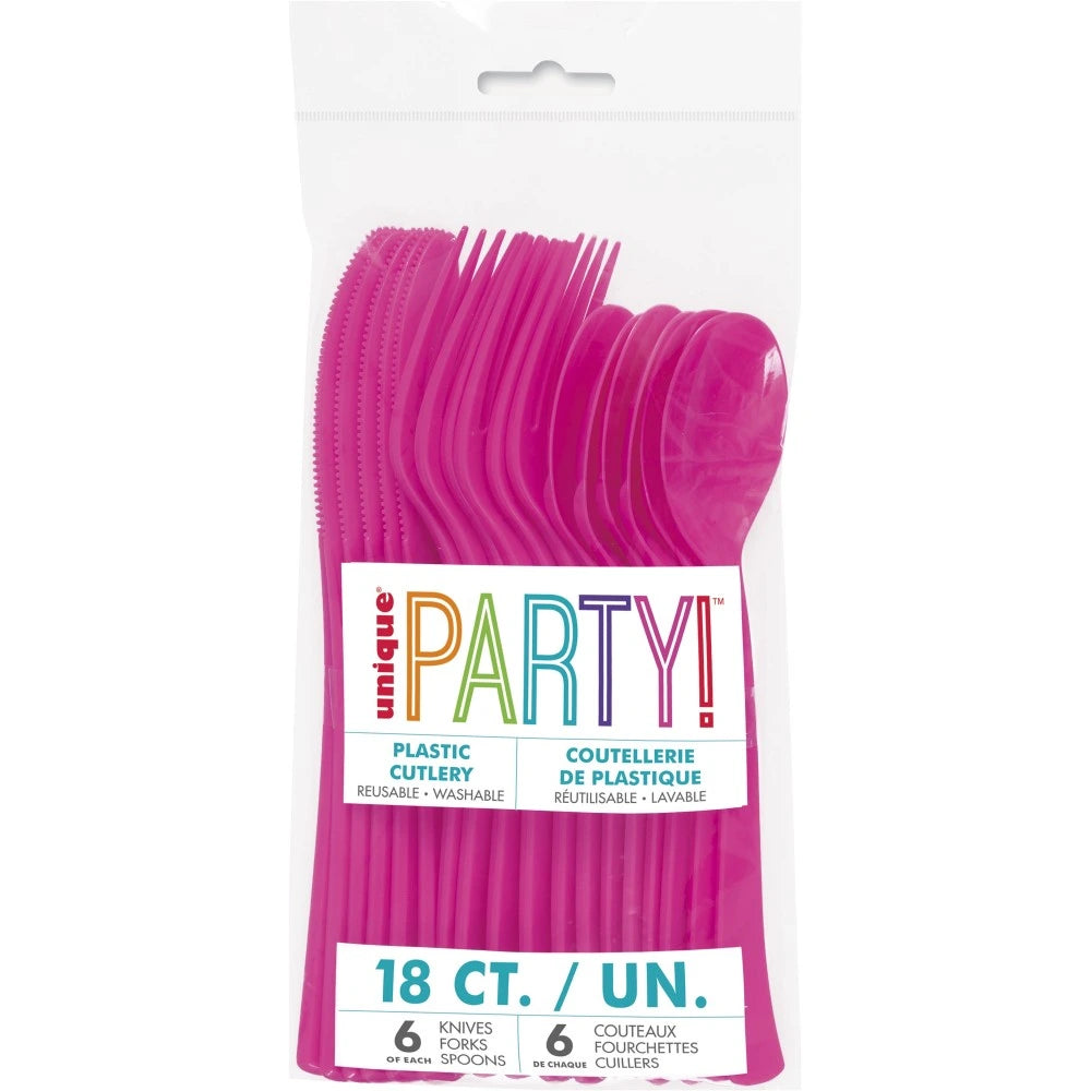 Neon Pink Solid Assorted Plastic Cutlery, 18 In A Pack