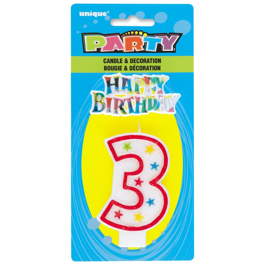 Number 3 Glitter Birthday Candle with Cake Decoration