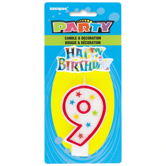 Number 9 Glitter Birthday Candle with Cake Decoration