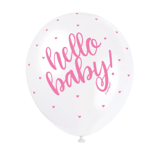 Pink "Hello Baby" 12" Latex Balloons, 5 In A Pack