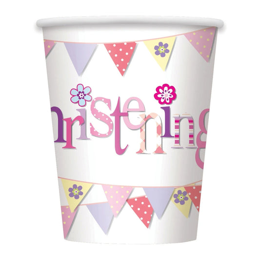 Pink Bunting Christening 9oz Paper Cups, 8 In A Pack