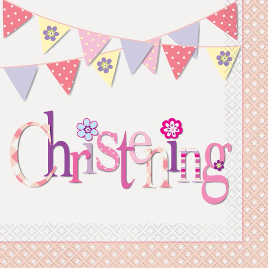 Pink Bunting Christening Luncheon Napkins, 16 In A Pack