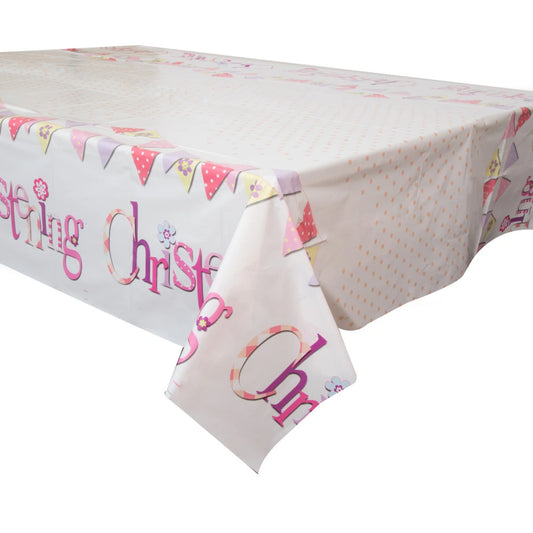 Pink Bunting Christening Re In A Packangular Plastic Table Cover, 54"x84"