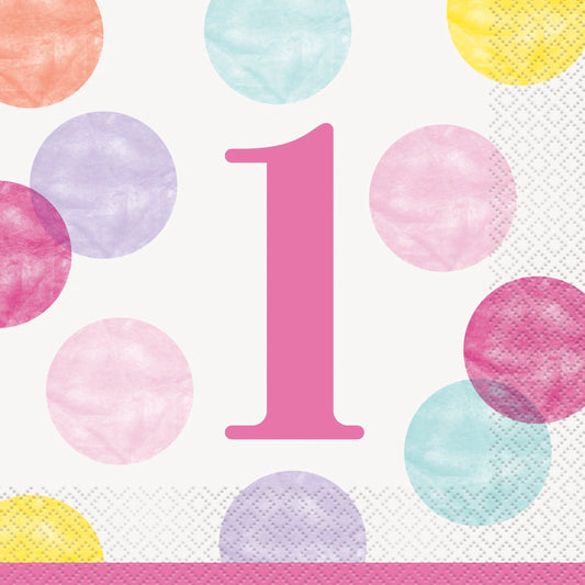 Pink Dots 1st Birthday Luncheon Napkins, 16 In A Pack