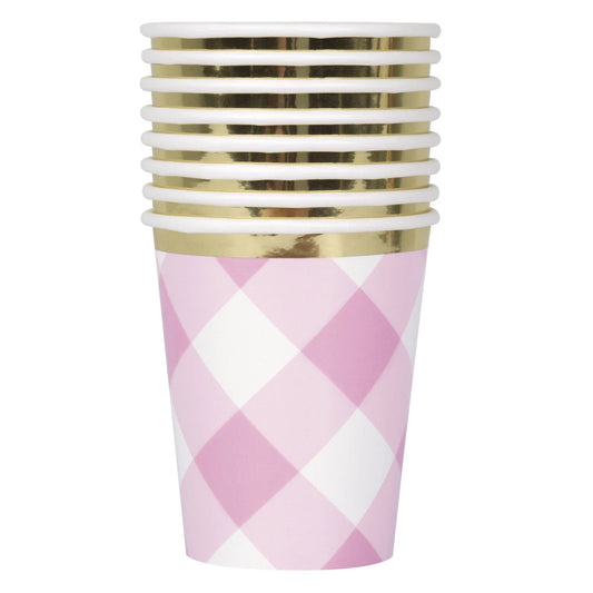 Pink Gingham 1st Birthday 9oz Paper Cups, 8 In A Pack - Foil Board