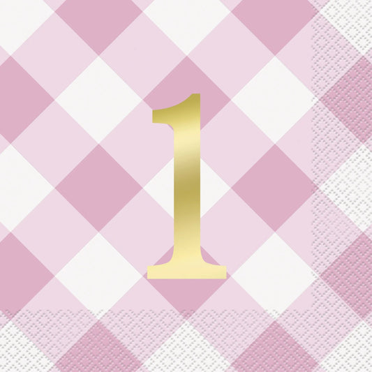 Pink Gingham 1st Birthday Luncheon Napkins, 16 In A Pack - Foil Stamped
