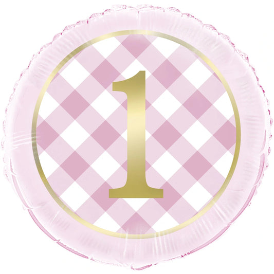 Pink Gingham 1st Birthday Round Foil Balloon 18", Packaged