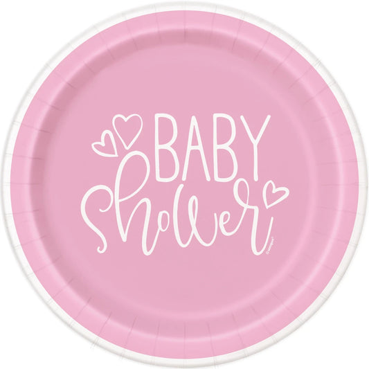 Pink Hearts Baby Shower Round 9" Dinner Plates, 8 In A Pack