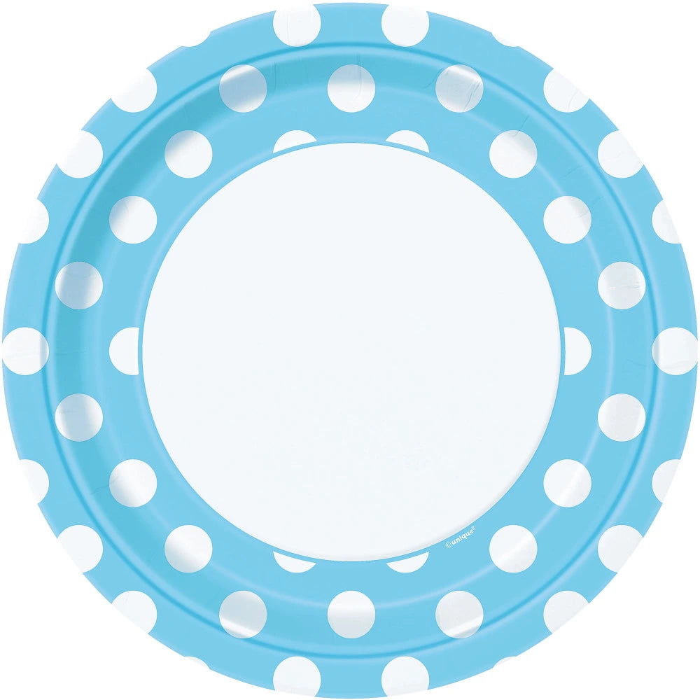 Powder Blue Dots Round 9" Dinner Plates, 8 In A Pack