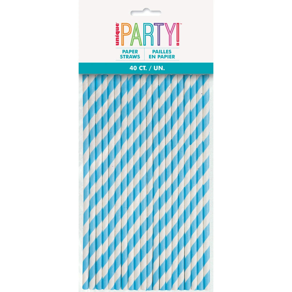 Powder Blue Striped Paper Straws, 40 In A Pack