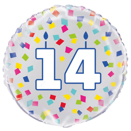 Rainbow Confetti Birthday Number 14 Round Foil Balloon 18", Packaged