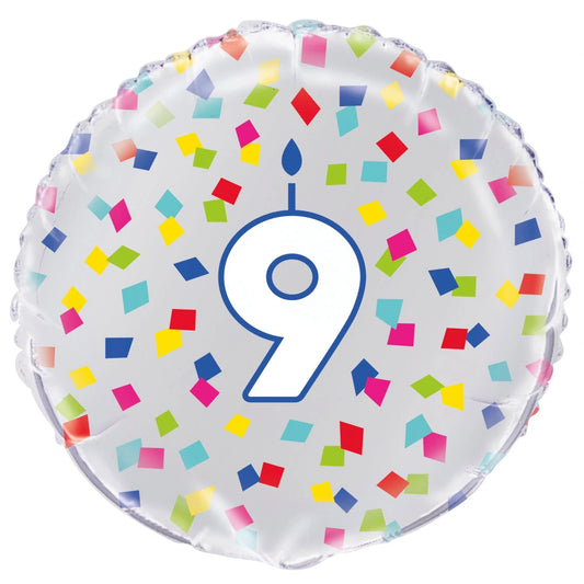 Rainbow Confetti Birthday Number 9 Round Foil Balloon 18", Packaged