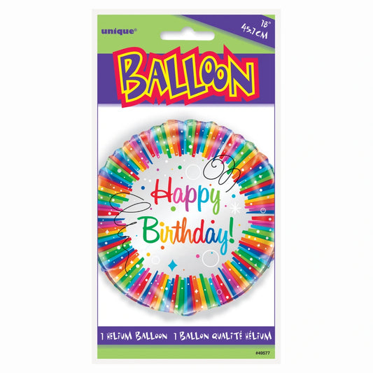 Rainbow Ribbons Birthday Round Foil Balloon 18", Packaged