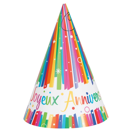 Rainbow Ribbons Joyeux Anniversaire Party Hats, 8 In A Pack