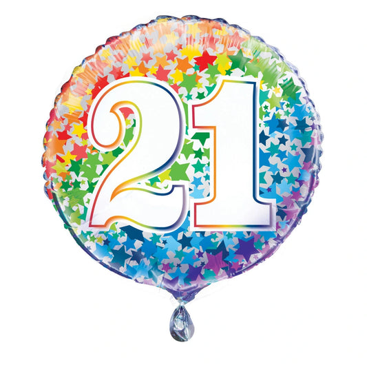 Rainbow Stars Number 21 Round Foil Balloon 18", Packaged
