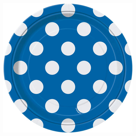 Royal Blue Dots Round 7" Dessert Plates, 8 In A Pack
