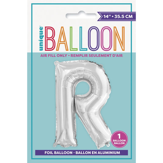 Silver Letter R Shaped Foil Balloon 14", Packaged