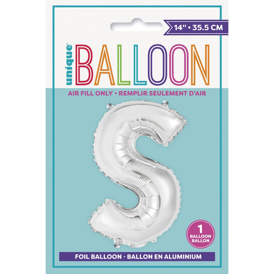 Silver Letter S Shaped Foil Balloon 14", Packaged