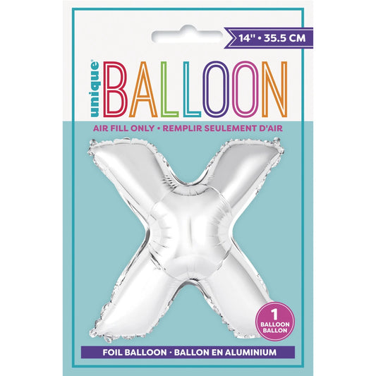 Silver Letter X Shaped Foil Balloon 14", Packaged