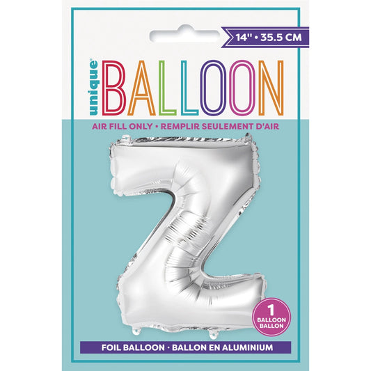 Silver Letter Z Shaped Foil Balloon 14", Packaged
