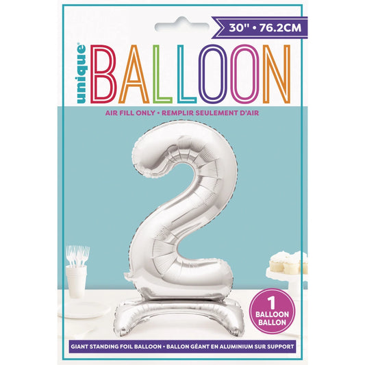 Silver Number 2 Shaped Standing Foil Balloon 30", Packaged