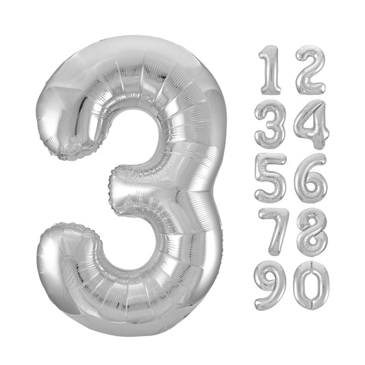 Silver Number 3 Shaped Foil Balloon 34", Packaged