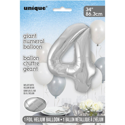 Silver Number 4 Shaped Foil Balloon 34", Packaged