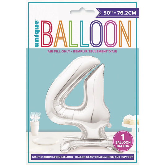 Silver Number 4 Shaped Standing Foil Balloon 30", Packaged