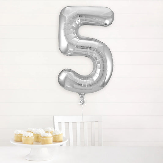 Silver Number 5 Shaped Foil Balloon 34", Packaged