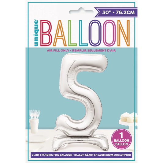 Silver Number 5 Shaped Standing Foil Balloon 30", Packaged