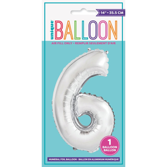 Silver Number 6 Shaped Foil Balloon 14", Packaged
