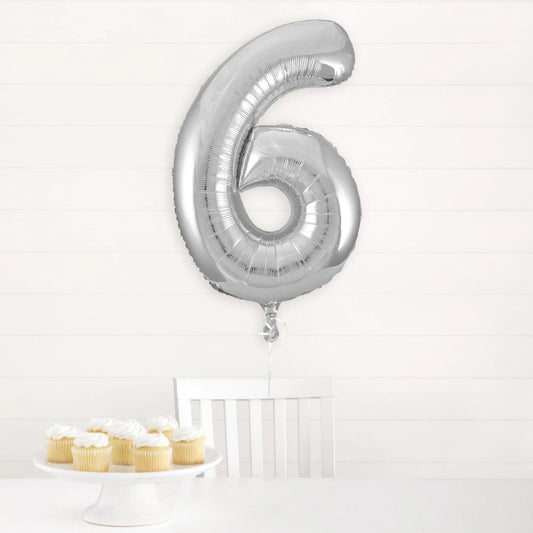 Silver Number 6 Shaped Foil Balloon 34", Packaged