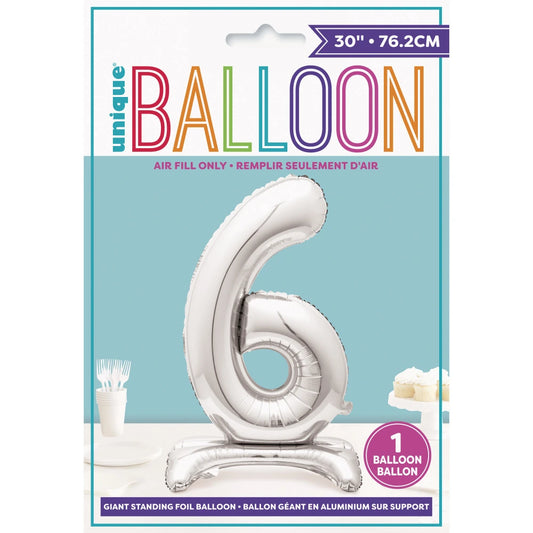 Silver Number 6 Shaped Standing Foil Balloon 30", Packaged