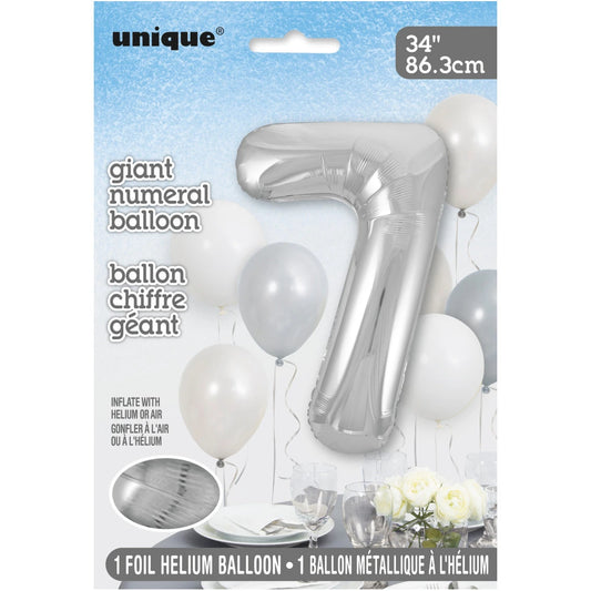 Silver Number 7 Shaped Foil Balloon 34", Packaged