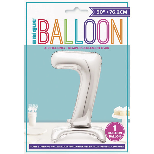 Silver Number 7 Shaped Standing Foil Balloon 30", Packaged